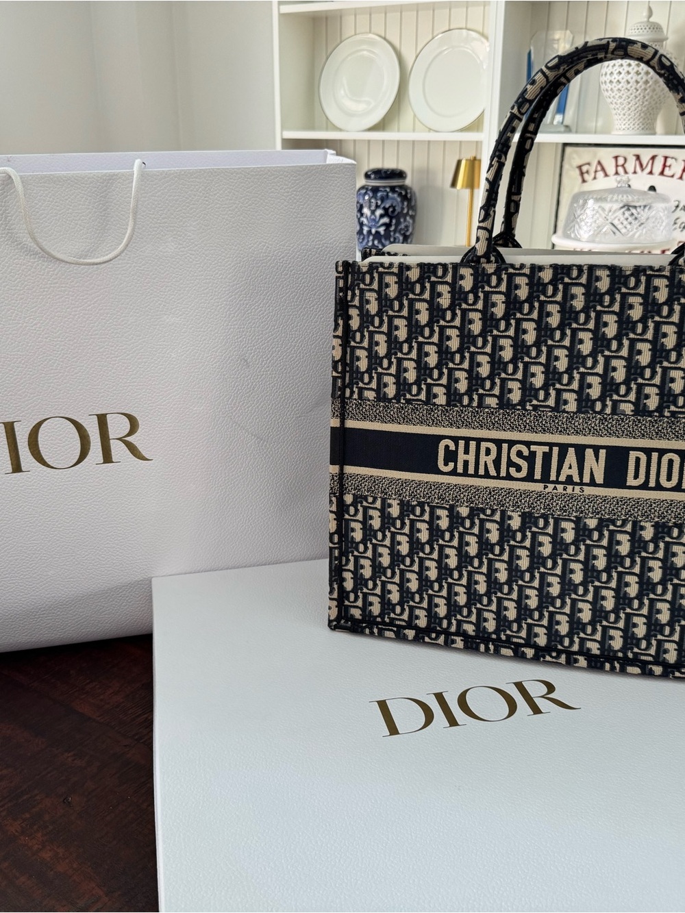 Dior Beige Navy Blue Christian Dior Book Tote large pristine - auth w bag box